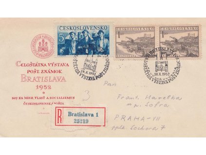 1952, FDC 693 Výstava známek, atypická, zasláno rekomando