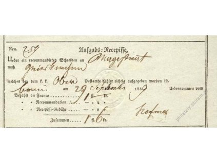 Recepis z roku 1839, lehké přehyby, slušný stav