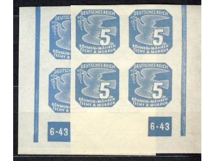 1943, 5h modrá, roh.4blok s DČ6-43, rám nepřerušen, L+P **