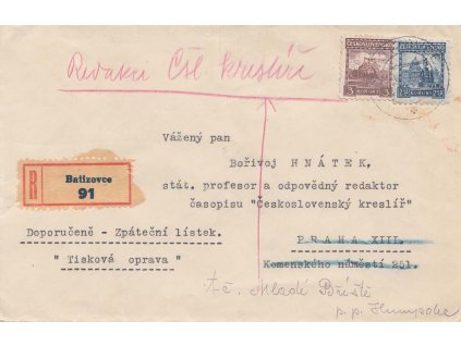 1936, DR Batizovice, R-dopis s frankaturou na Návratku