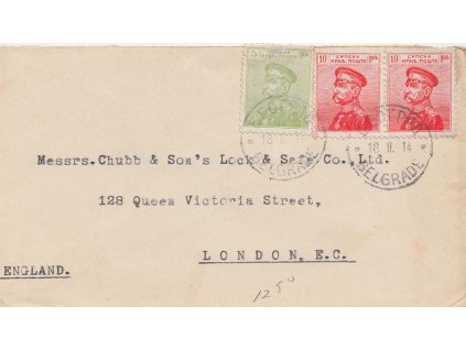 1914, DR Belgrade, zasláno do Londýna, stopy poštovního provozu