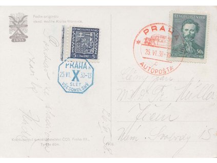 1938, Praha Autopošta + X. Slet všesokolský, propagační pohled, zasl. do Jičína, stopy poštovního provozu