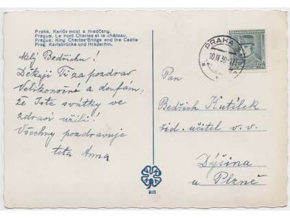 1939, DR Praha 10.6., pohlednice zasl. do Dýšiny, dv růžek, hledané