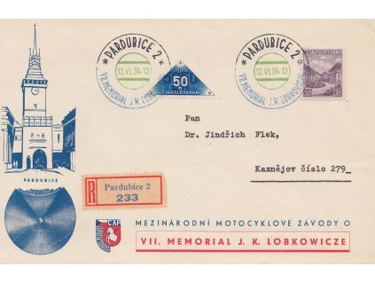 1938, Pardubice, Memorial J.K. Lobkowicze, R-dopis zasl. do Kaznějova