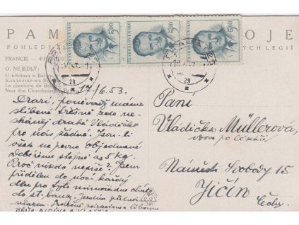 18.6.1953, DR Praha, pohlednice zasl. do Jičína, stopy pošt. provozu