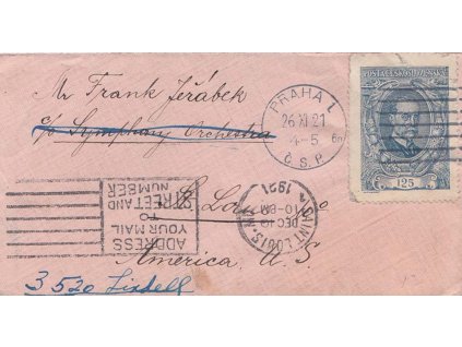 1921, DR Praha, dopis zaslaný do USA, malý vizitkový formát