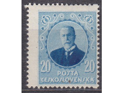 Nerealizovaný návrh na čs. zn. 20h Masaryk v barvě modré na známkovém papíru s lepem, tiskárna HAASE, * po nálepce