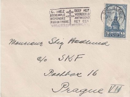 1939, DR Bruxelles, dopis zaslaný do Prahy, ohnutý růžek