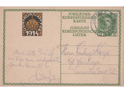 1914, celinová pohlednice 5 H Franc Josef, DR Smíchov, zasl. v Praze