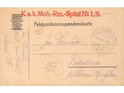 No.156, lístek PP, zasláno v roce 1915 do Čech