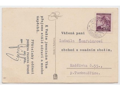 1940, Perfin J.F.s. Jindřicha Francka synové, gratulační pohlednice