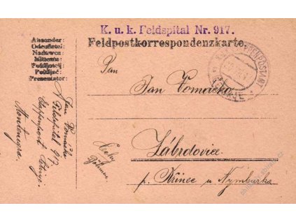 Cetinje c, lístek PP zasl. v roce 1917 do Čech