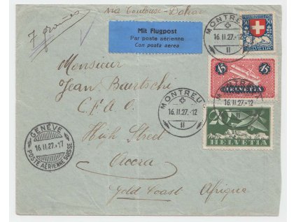 1927, letecký dopis vyfrankovaný hezkou frankaturou známek