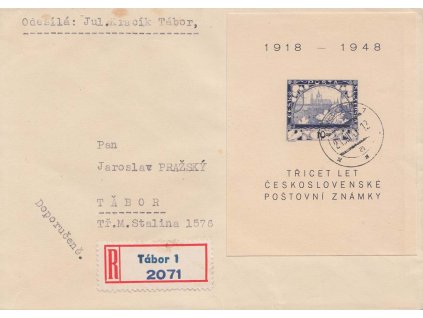 1948, DR Tábor, R-dopis zasl. v místě, stopy pošt. provozu