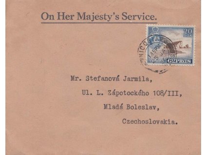 Kypr, 1956, DR Nicosia, dopis zaslaný do ČSR, stopy pošt. provozu