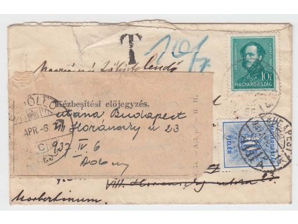 1937, dopis prošlý v roce 1937, malý formát, dosíláno, několik doplatků