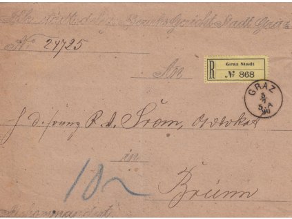 Graz, R-skládaný úřední dopis zaslaný v roce 1890 do Brna