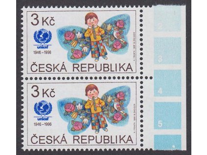 1996, 3 Kč UNICEF, DV - čárka u křídla motýla, Nr.DV121, ** , ZP35/1