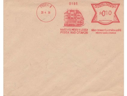 1938, frankotyp 10 h Písek, tiskopis, obálka, neprošlé