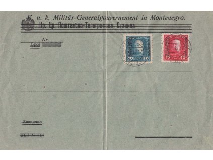 Montenegro, 1917, obálka vyfr. zn. 10 a 15 H Franc Josef, neprošlé