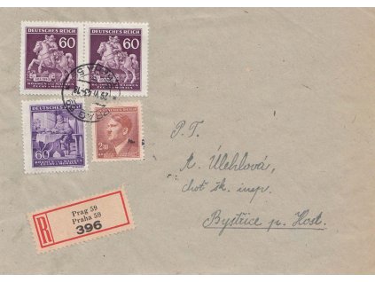 1943, DR Praha, R-dopis zasl. do Bystřiček, stopy pošt. provozu