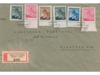 1945, DR Rosice u Brna, R-dopis zasl. do Bystřice, hezká frankatura