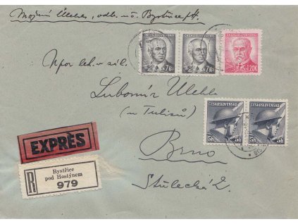 1946, DR Bystřice, R-Ex dopis zasl. do Brna, hezká frankatura