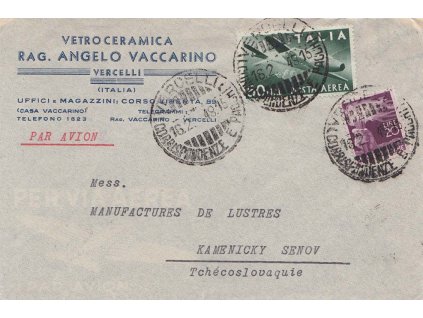 1948, DR Vercelli, letecký dopis zaslaný do ČSR