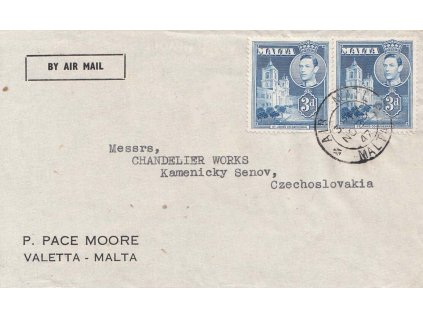 Malta, 1947, DR Valetta, let. dopis zasl. do ČSR, stopy poštovního provozu