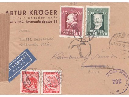 1948, DR Wien, let. dopis zasl. do ČSR, dosíláno, cenzura, doplatné