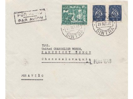 1946, DR Lisboa, letecký dopis zaslaný do ČSR, stopy pošt. provozu