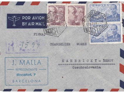 1947, DR Barcelona, R-letecký dopis zaslaný do ČSR, stopy pošt. provozu