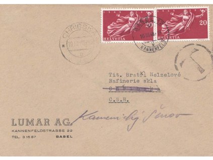 1948, DR Basel, tiskopis zaslaný do ČSR, dosíláno, doplatné, prošlé