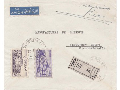 Libanon, 1949, DR Beyrouth, R-letecký dopis zasl. do ČSR, prošlé