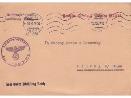 1939, Brno, 20.12., úřední dopis Deutsche-Dienstpost-Böhmen-Mähren