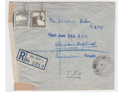 ČSPP v Anglii, 1943, R-let. dopis zaslaný z Palestiny do Londýna, prošlé