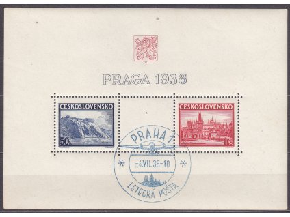 1938, aršík PRAGA, pamětní razítka PRAHA 1 LETECKÁ POŠTA,  Nr.A342-3