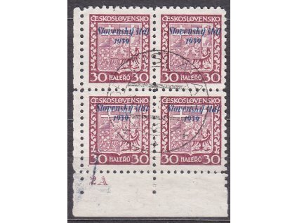 1939, 30h Znak, roh. 4blok s DČ 2A, Nr.6, razítkované