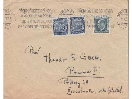 1937, DR Praha, dopis vyfr. smíš. frankaturou se 50 h B.I.T., zasl. v Praze