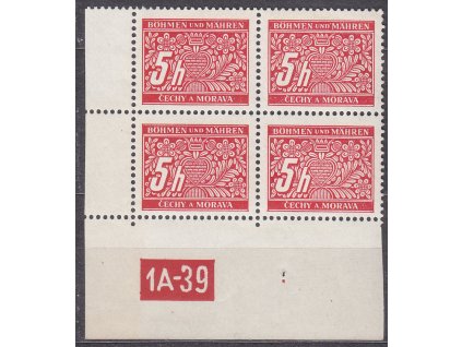 5h červená, levý roh. 4blok s DČ 1A-39, varianta X, Nr.DL1, **