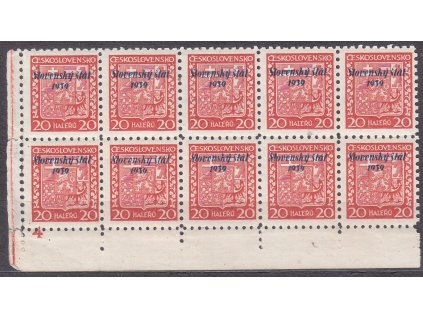 1939, 20h Znak, roh. 10blok s DČ 4, Nr.4, **, podlepena perforace u DČ