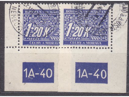 1.20K modrá, L+P rohové kusy s DČ 1A-40 - X-Y, Nr.DL10, razítkované