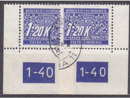 1.20K modrá, L+P rohové kusy s DČ 1-40 - X-X, Nr.DL10, razítkované