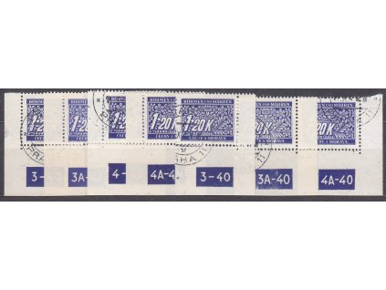 1.20K modrá, 7 ks rohových kusů s DČ - každé jiné, Nr.DL10, razítkované