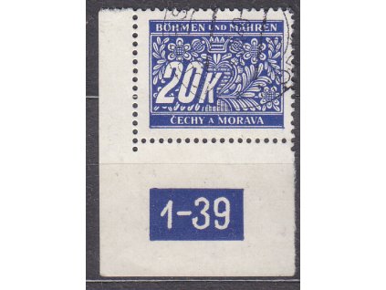 20K modrá, levý roh. kus s DČ 1-39, var. Y, Nr.DL14, razítkované