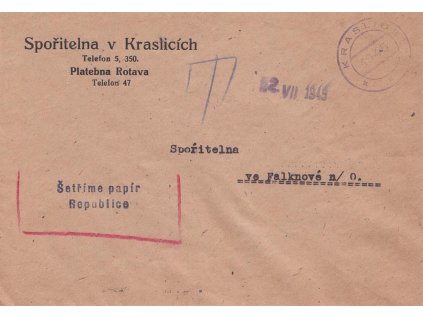 Kraslice, úřední dopis zasl. v roce 1945 do Falknova, stopy pošt. provozu