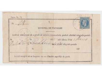 1876, DR Sulana, formulář Recepisa vyfr. zn. 25 B Karel I., horší jakost - viz. foto