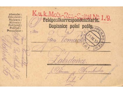 No.181, lístek PP, zasláno v roce 1915 do Čech
