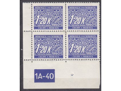 1.20K modrá, levý roh. 4blok s DČ 1A-40, var. X, Nr.DL10, **