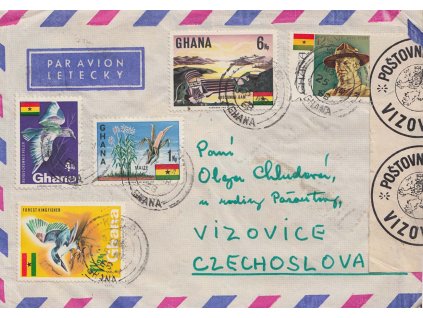 1968, letecký dopis z Ghany zaslaný do Vizovic, zde úředně otevřeno